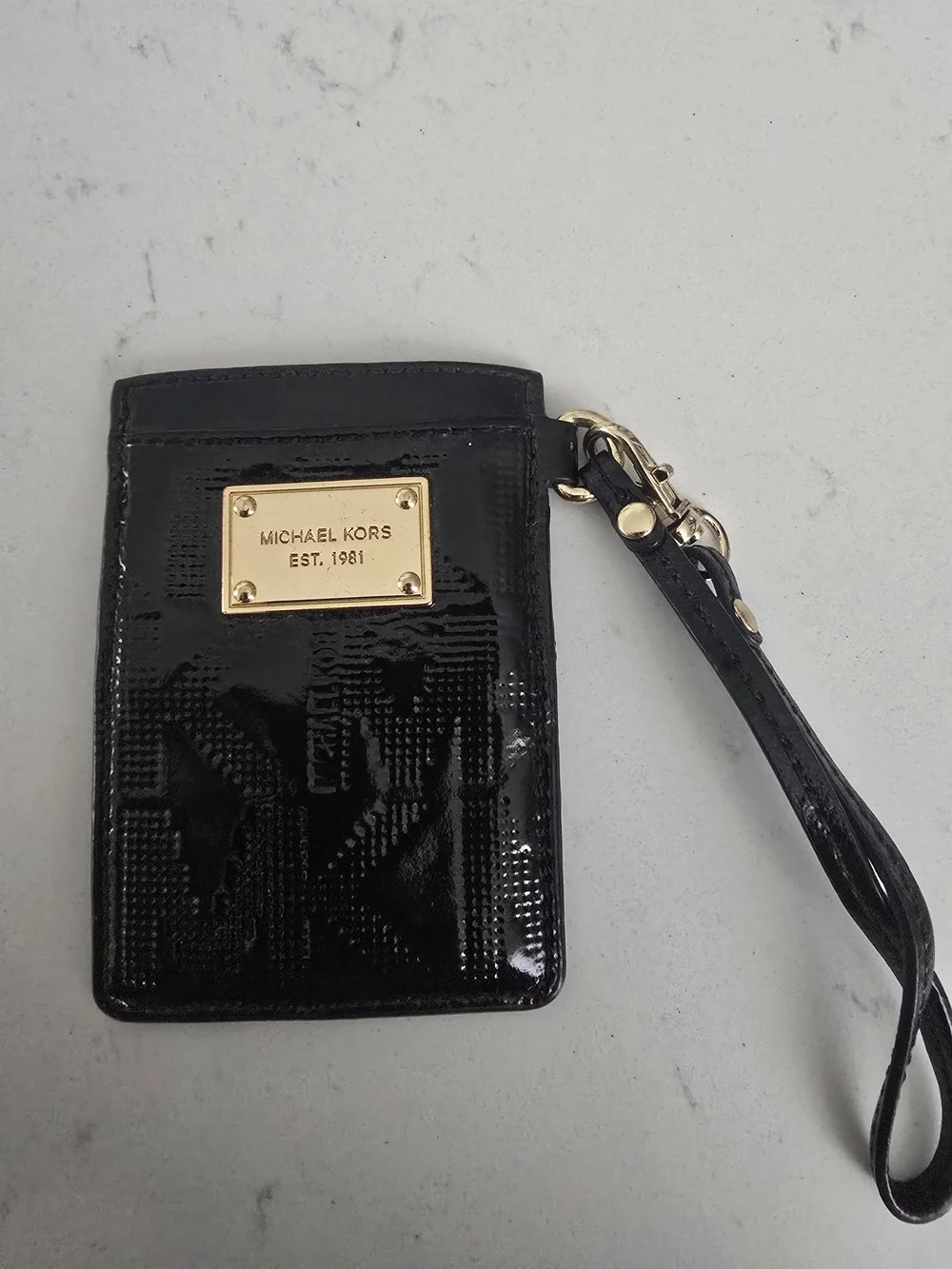 Michael Kors Black Patent Card Case with Gold Plate and Wristlet